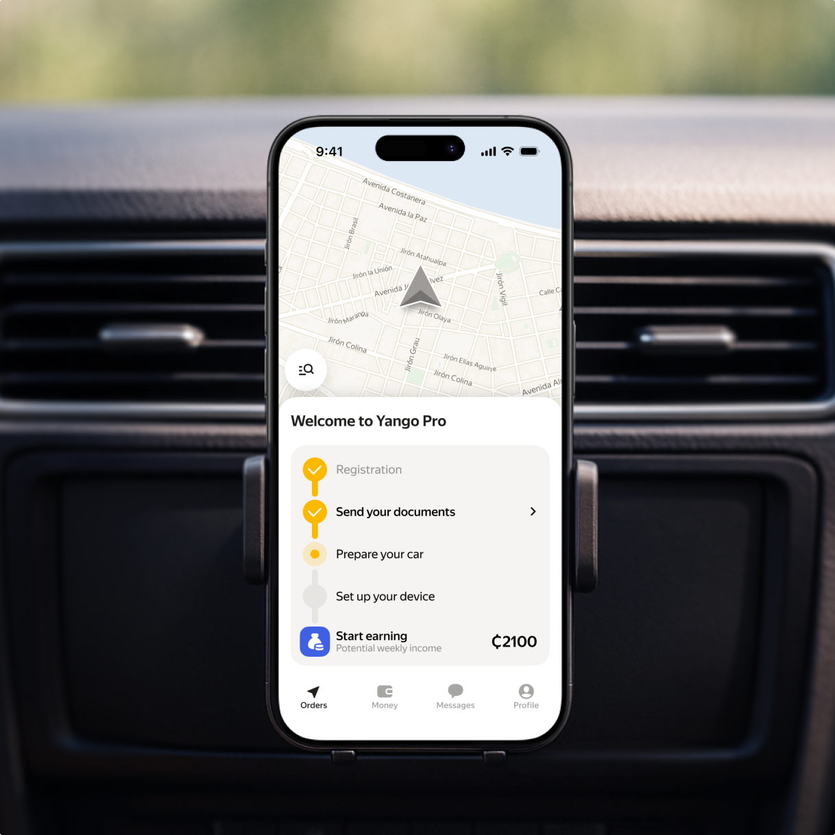Yandex Pro app shown on a phone mounted in a car