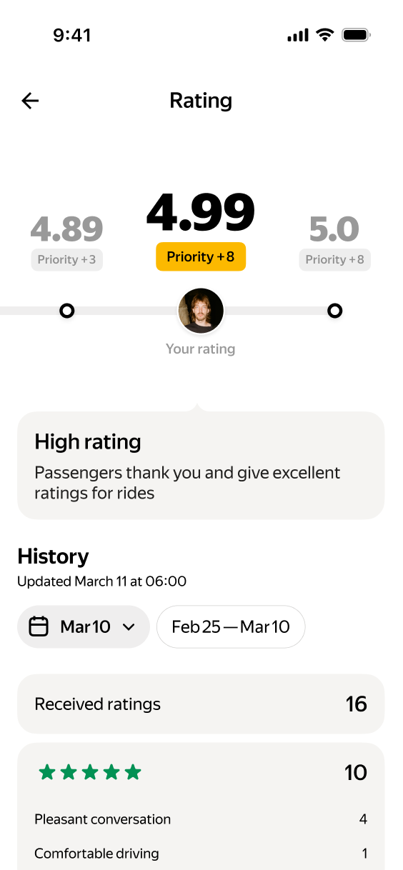 Driver rating details screen